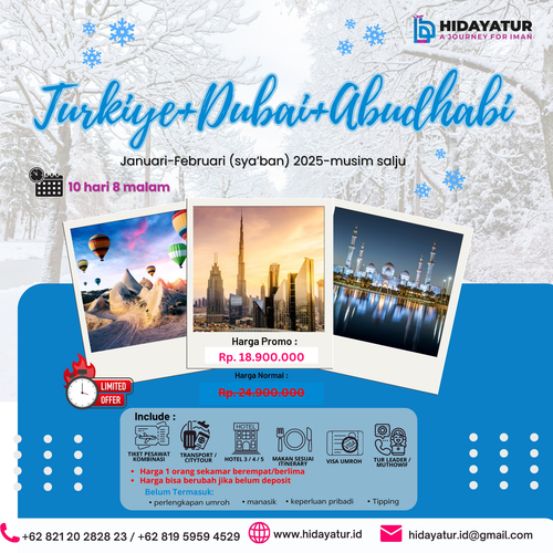 TOUR TURKI DUBAI ABU DHABI 10 HARI 8 MALAM (JANUARI - FEBRUARI (SYA'BAN) 2025 - MUSIM SALJU) - HIDAYATUR